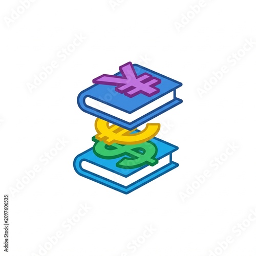 Isometric vector illustration of stacked books with dollar euro and yen currency symbols representing financial education and economy