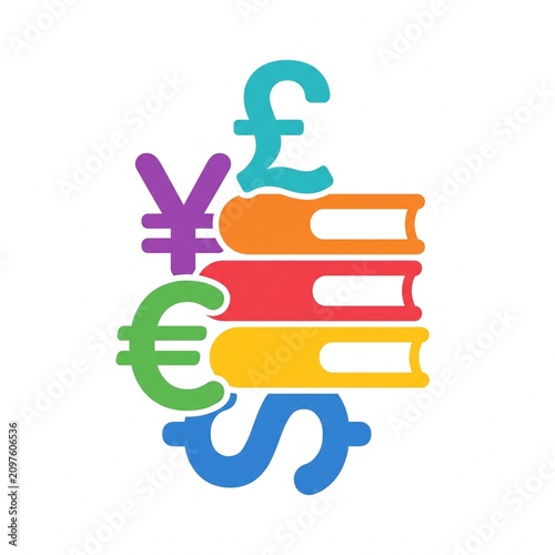 Flat vector icon of books with currency symbols representing high cost of education and study budget