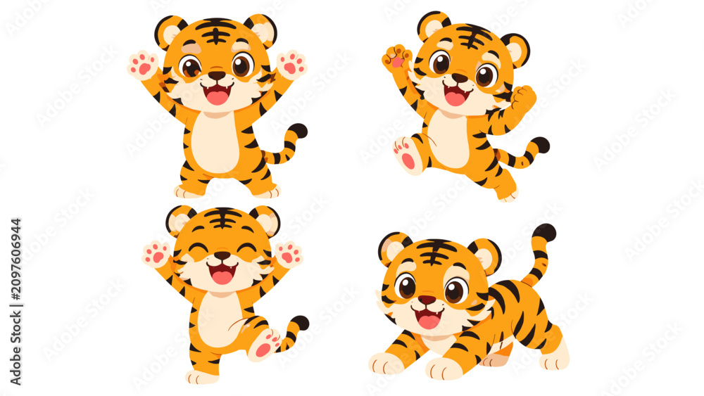 Obraz premium Cute cartoon tiger cub characters in playful poses set
