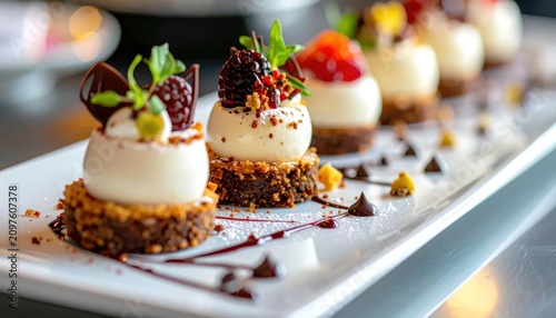 Array of elegant mini desserts on long white plate.