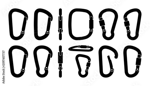 Carabiner Clip Silhouette Collection Set Featuring Various Climbing Gear Shapes and Steel Hardware Connectors