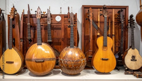 Array of ethnic string instruments displayed in a room
