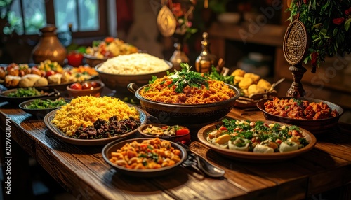 Array of Middle Eastern dishes in a restaurant setting.