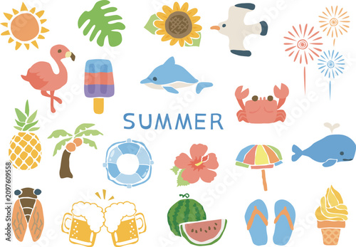 夏のイメージのベクターイラスト装飾セット　シンプルでかわいいビーチのシンボル透明背景