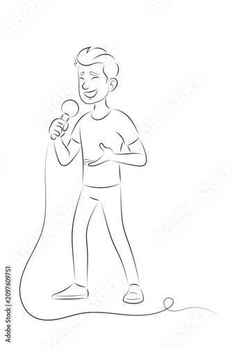Sketch of a cheerful guy with a microphone, isolate on a white background, flat style, stand-up comedian, presenter
