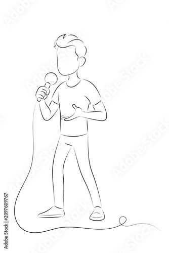 Sketch of a guy with a microphone, illustration without a face, isolate on a white background, flat style, stand-up comedian, presenter