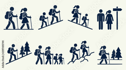 Konstfotografi Stick figure icons of people hiking and trekking in various outdoor scenarios