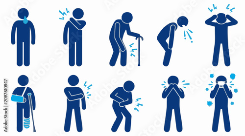 Foto Set of human illness and medical symptoms icons, health problems pictograms