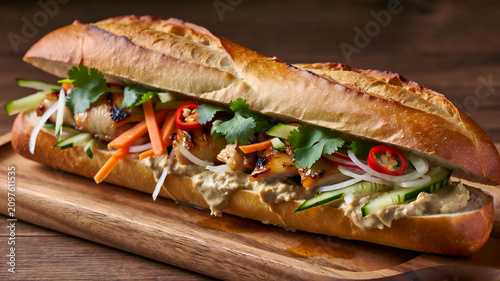 Gourmet Vietnamese Chicken Banh Mi Featuring Crispy Baguette, Pickled Daikon, Carrots and Fresh Herb Filling