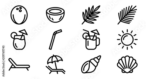 Tablou pe pânză Tropical Summer Vacation Icons: Coconut, Cocktail, Sun, Beach Chair, Umbrella, S