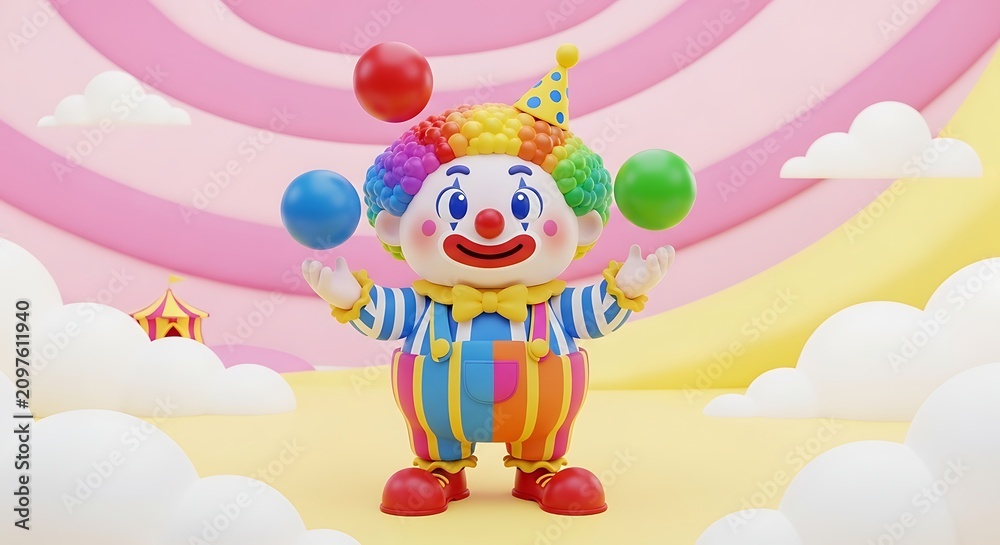 Naklejka premium Colorful Toy Clown Juggling Balls in Whimsical Pastel Circus Scene