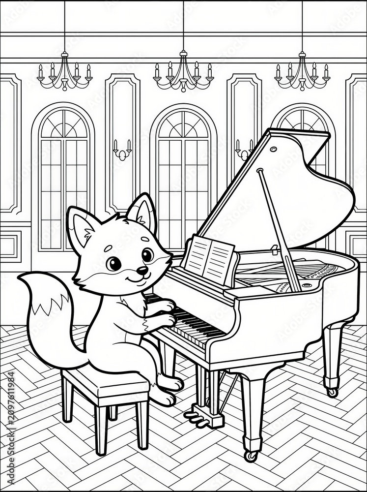 Fototapeta premium Coloring page, cute fox playing a grand piano in an elegant hall.