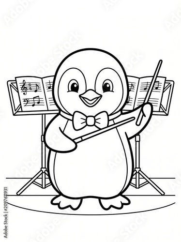 Coloring page, cute penguin holding a conductor baton.