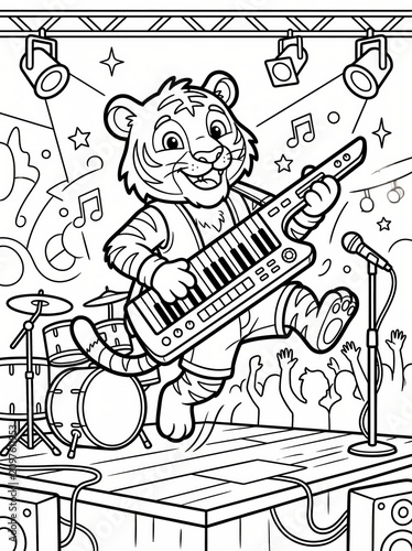 Coloring page, confident tiger playing a keytar on stage.