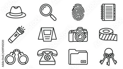 Detective Icons Set: Magnifying Glass, Fingerprint, Hat, Camera, Handcuffs, Phone, Keys