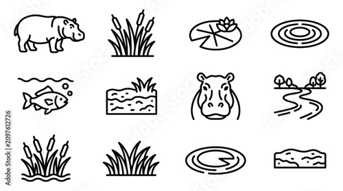 Bild auf Leinwand Hippopotamus River Habitat Icons: Hippo, Fish, Cattails, Lily Pad, Water