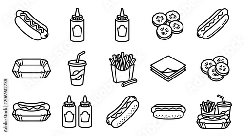Cuadro en lienzo Hot Dog Icons Set: Sausage, Bun, Condiments, Fries, Drink, Pickles, Tray