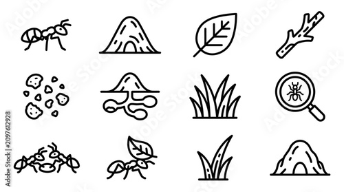 Photos Ant icons set: ant, anthill, leaf, branch, grass, magnifying glass, insects