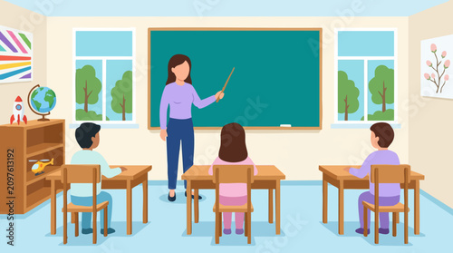 Foto Elementary school classroom scene with teacher and young students learning