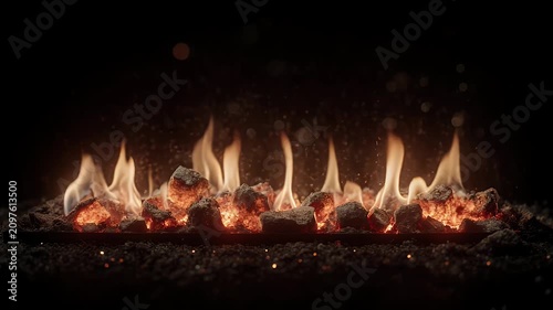 Glowing Coals and Dancing Flames Emitting Radiant Heat in a Dark Fireplace Setting for Cozy Home Atmosphere