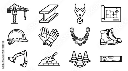 Fotografie Construction Icons Set: Crane, I-beam, Blueprint, Hard Hat, Tools, Safety Gear