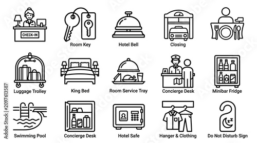 Bilde på lerret Hotel Service Icons: Check-in, Room Key, Luggage, Bed, Pool, Fridge, Bellboy, Co