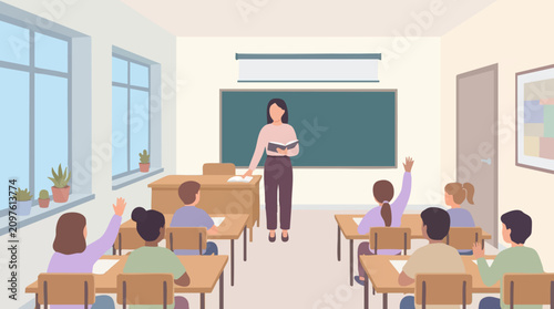 Принти на полотні Teacher instructing students in a bright classroom, education concept illustrati