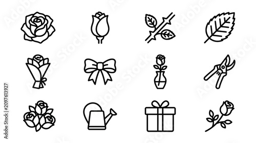 фотографія Rose Icons Set: Flowers, Bouquet, Gift, Watering Can, Pruners, Leaf, Stem