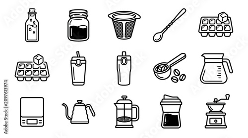 Bild auf Leinwand Coffee Making Essentials Icon Set: Cold Brew, Pour Over, French Press, Grinder,