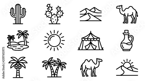 Canvastavla Desert Icons Set: Cactus, Camel, Palm Trees, Sun, Oasis, Tent, Dunes