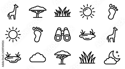 African Safari Icons: Giraffe, Acacia Tree, Sun, Footprints, Grass, Binoculars, Waterhole, Moon