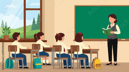 Принти на полотні Teacher instructing students in a classroom, flat design vector illustration
