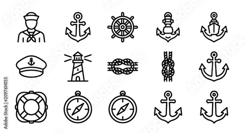 Foto Nautical Icons Set: Sailor, Anchor, Wheel, Lighthouse, Compass, Rope Knot, Lifeb