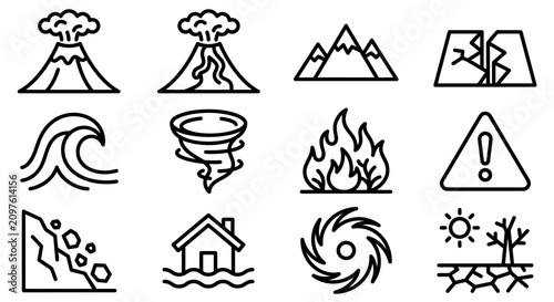 Canvastavla Natural Disaster Icons: Volcano, Earthquake, Flood, Fire, Storm, Landslide, Drou
