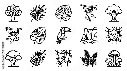 Foto Jungle Icons: Monkey, Toucan, Waterfall, Tropical Leaves, Trees, Mushroom, Ferns