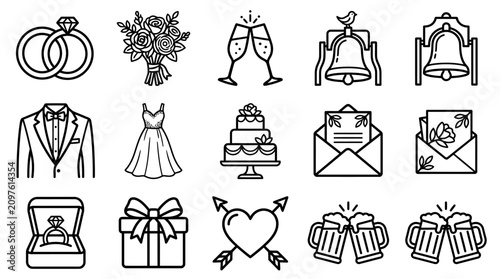 Canvastavla Wedding Icons Set: Rings, Dress, Cake, Bells, Flowers, Champagne, Tuxedo, Gift,