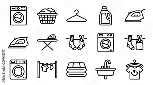 Laundry Icons Set: Washing Machine, Basket, Hanger, Detergent, Iron, Clothesline, Sink