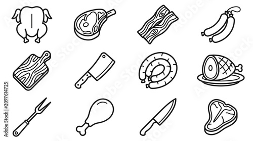 Photos Meat Icons Set: Chicken, Steak, Bacon, Sausages, Ham, Butcher Knife, Cutting Boa