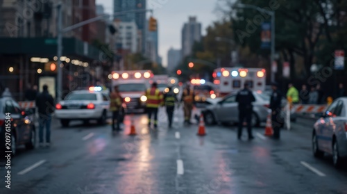 Emergency response accident scene city street ambulance police fire department first responders traffic safety rescue collision urban disaster