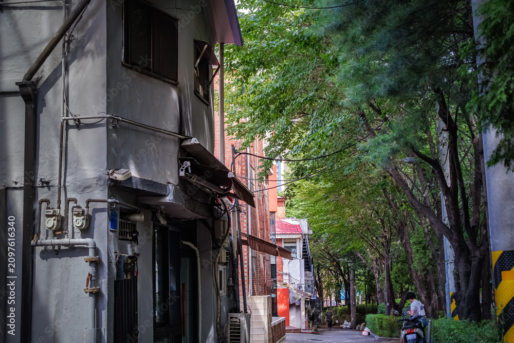 Naklejka premium Visual contrast between a gray vintage building, red brick houses, and green trees in a alleyway(A narrow backstreet in Mapo, showcasing the harmony of gray concrete, red brick and summer foliage)