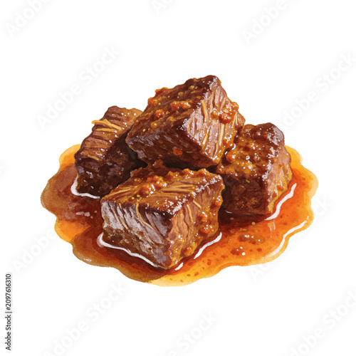 Slika na platnu Braised Beef Bites: Tender cubes of braised beef, coated in a rich, savory sauce and nestled in a glossy glaze, promise a delectable culinary experience
