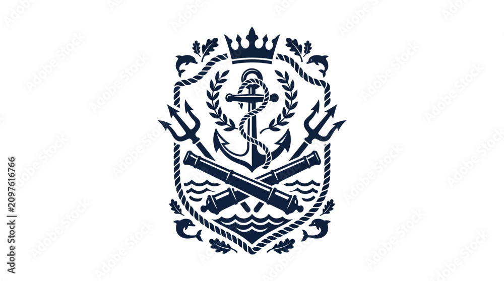 Obraz premium A detailed nautical emblem featuring a central anchor surrounded by crossed cannons and tridents.