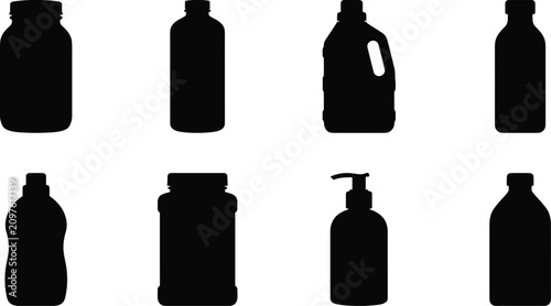 Blank plastic bottle and container silhouette set for household cleaning cosmetics and medical packaging design