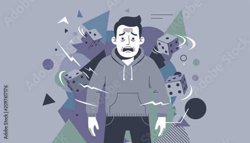 Anxious man surrounded by floating dice and chaotic geometric shapes representing stress, risk, and gambling addiction.
