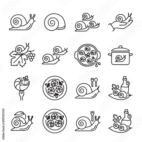 Snail Icons Collection with Culinary and Natural Elements for Gastronomic and Wildlife Themes