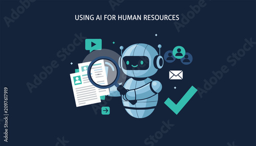 Friendly automated robot using a magnifying glass to scan job resumes representing artificial intelligence in human resources.