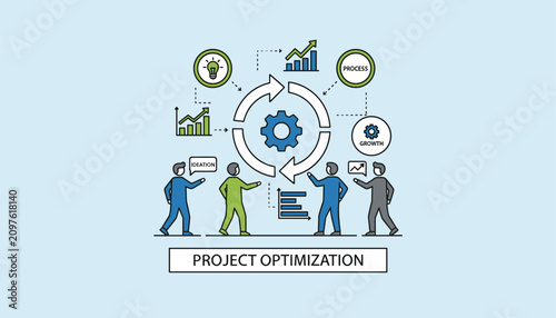 Business project optimization workflow chart showing teamwork, process analysis, innovation ideas, and growth metrics.