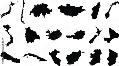 Canvas Print Minimalist solid black vector icon set featuring various global country map silh