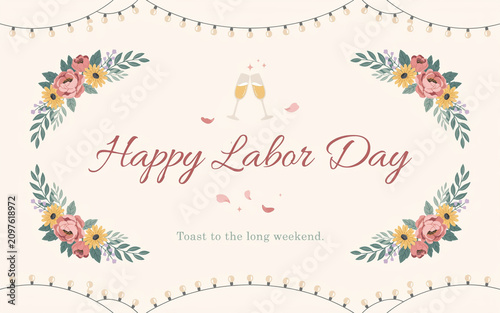 Labor Day Celebration with Floral Banner and Cheers. Festive Holiday Greeting Card Design. Female Workers and Family Enjoying the Holiday