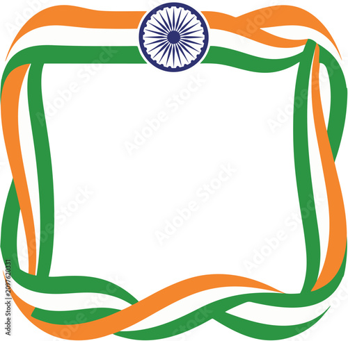 Indian Flag Colors Ribbon Border Frame with Ashoka Chakra for Independence Day and Republic Day Celebrations